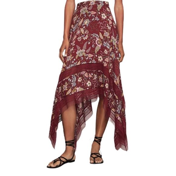 Bcbgmaxazria Boho Floral Print Handkerchief Asymmetrical Midi Skirt Burgundy L - Picture 1 of 4